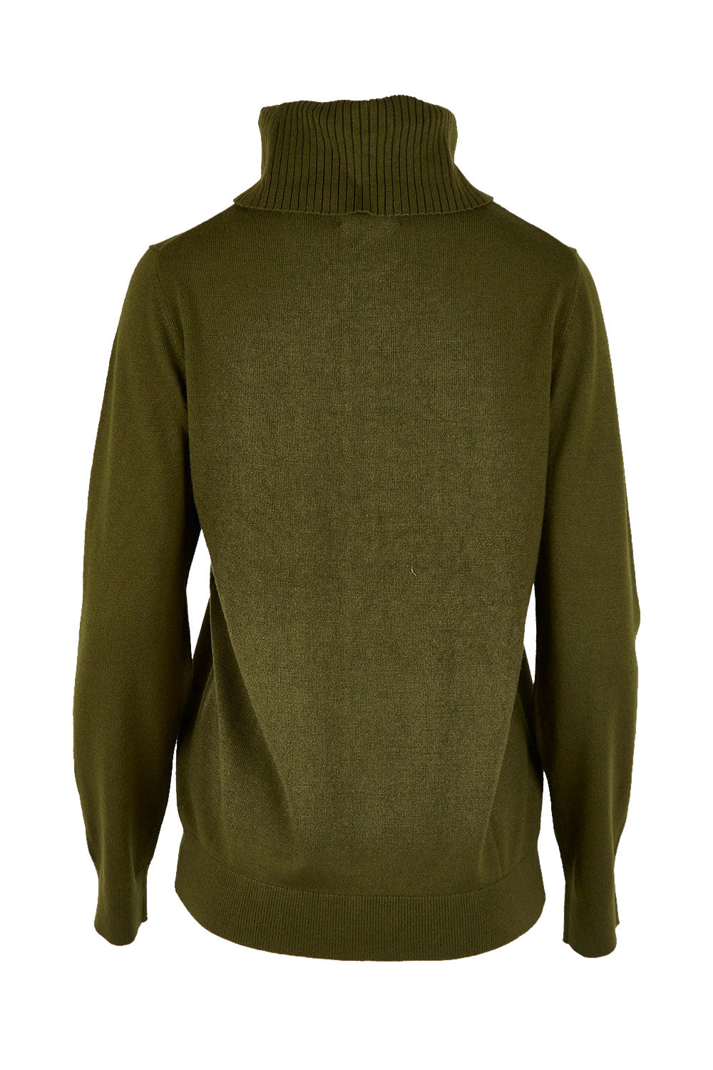 Product shot of The Keepers Soft Roll Neck Jumper in colour Darkolive (Green), from the back
