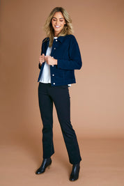 Model Alice wearing size 10 of The Cord Casual Jacket in colour Navy (Blue), from the front, showing the whole outfit