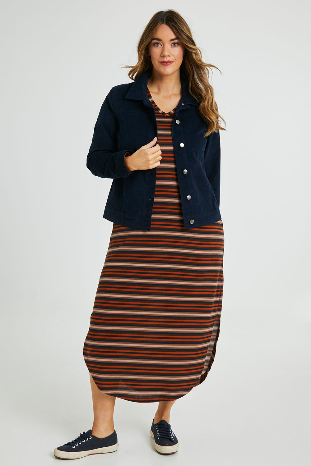 Model Laura wearing size 14 of The Cord Casual Jacket in colour Navy (Blue), from the front, showing the whole outfit