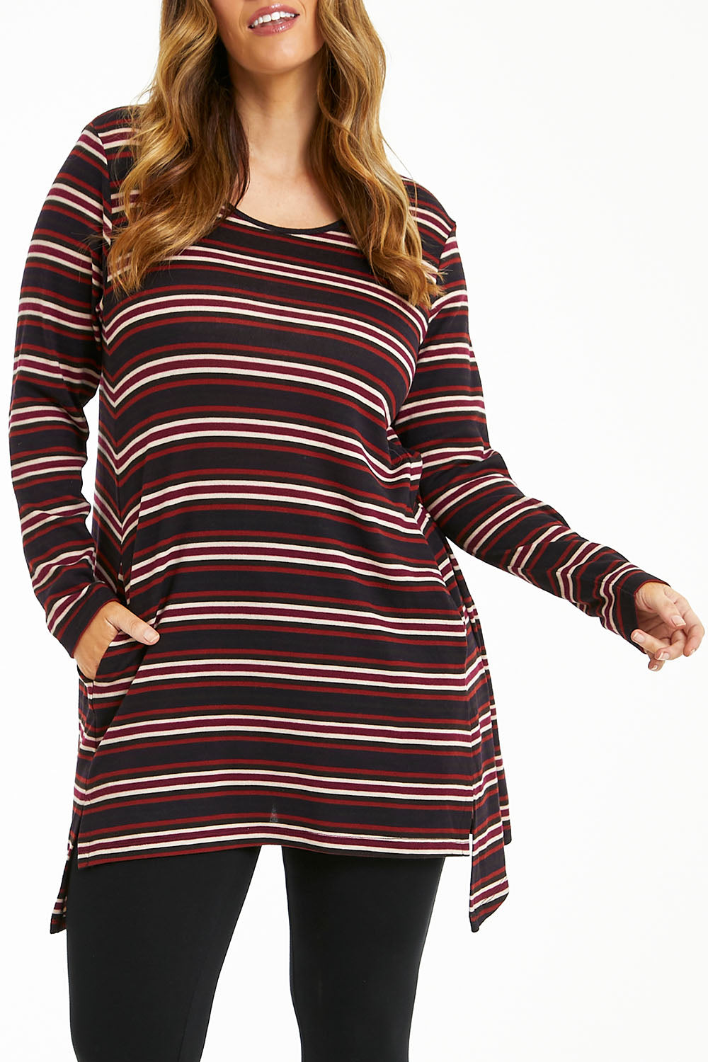 Model Laura wearing size 14 of The Striped Knit Crew Neck Tunic in colour Stripe (Blue), from the front, cropped image