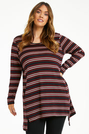 Model Laura wearing size 14 of The Striped Knit Crew Neck Tunic in colour Stripe (Blue), from the front, cropped image