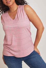 Model Terri-Leigh wearing size 14 of The Printed Bamboo Blend V Tank in colour Pinkblush (Pink), from the front, cropped image