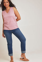 Model Terri-Leigh wearing size 14 of The Printed Bamboo Blend V Tank in colour Pinkblush (Pink), from the front, showing the whole outfit