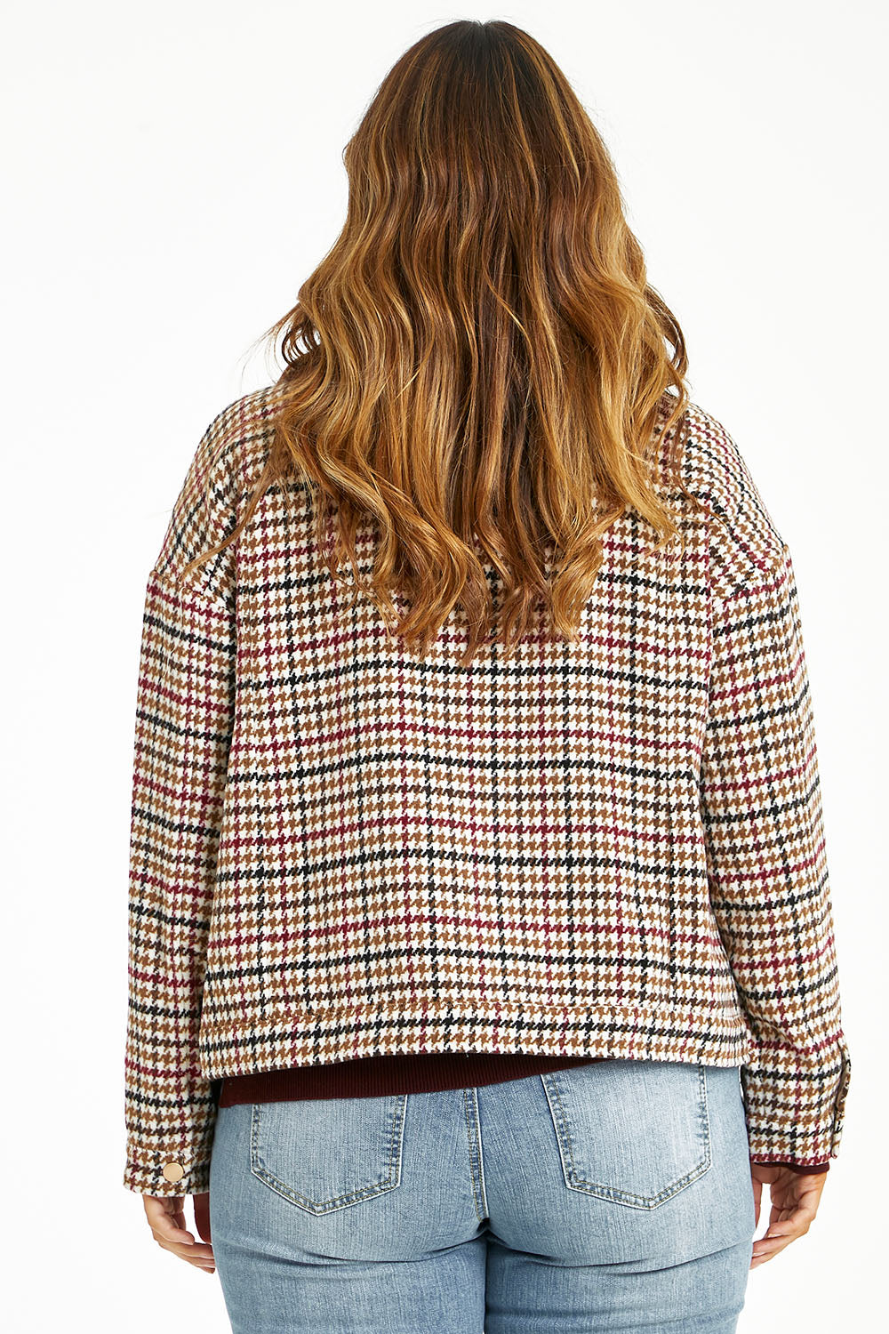 Model Laura wearing size 14 of The Houndstooth Bomber Jacket in colour Multicheck, from the back