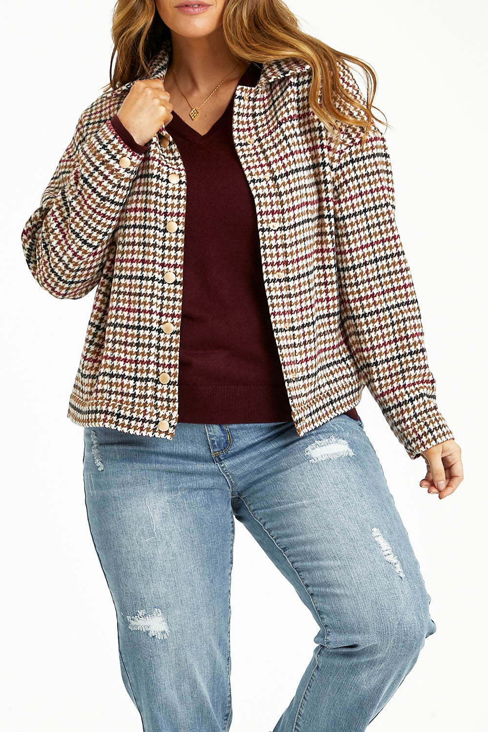 Model Laura wearing size 14 of The Houndstooth Bomber Jacket in colour Multicheck, from the front, cropped image