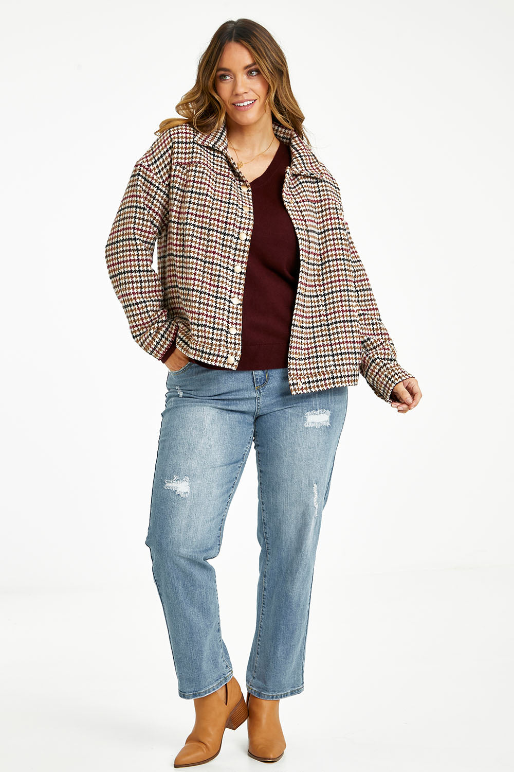 Model Laura wearing size 14 of The Houndstooth Bomber Jacket in colour Multicheck, from the front, showing the whole outfit