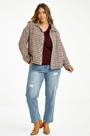 Model Laura wearing size 14 of The Houndstooth Bomber Jacket in colour Multicheck, from the front, showing the whole outfit