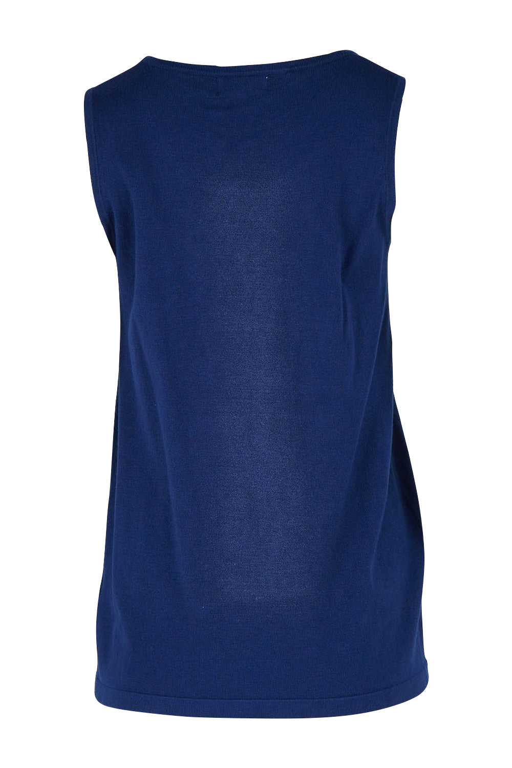 Product shot of The Transeasonal Knit Tank in colour Bluefizzer (Blue), from the back