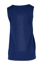 Product shot of The Transeasonal Knit Tank in colour Bluefizzer (Blue), from the back