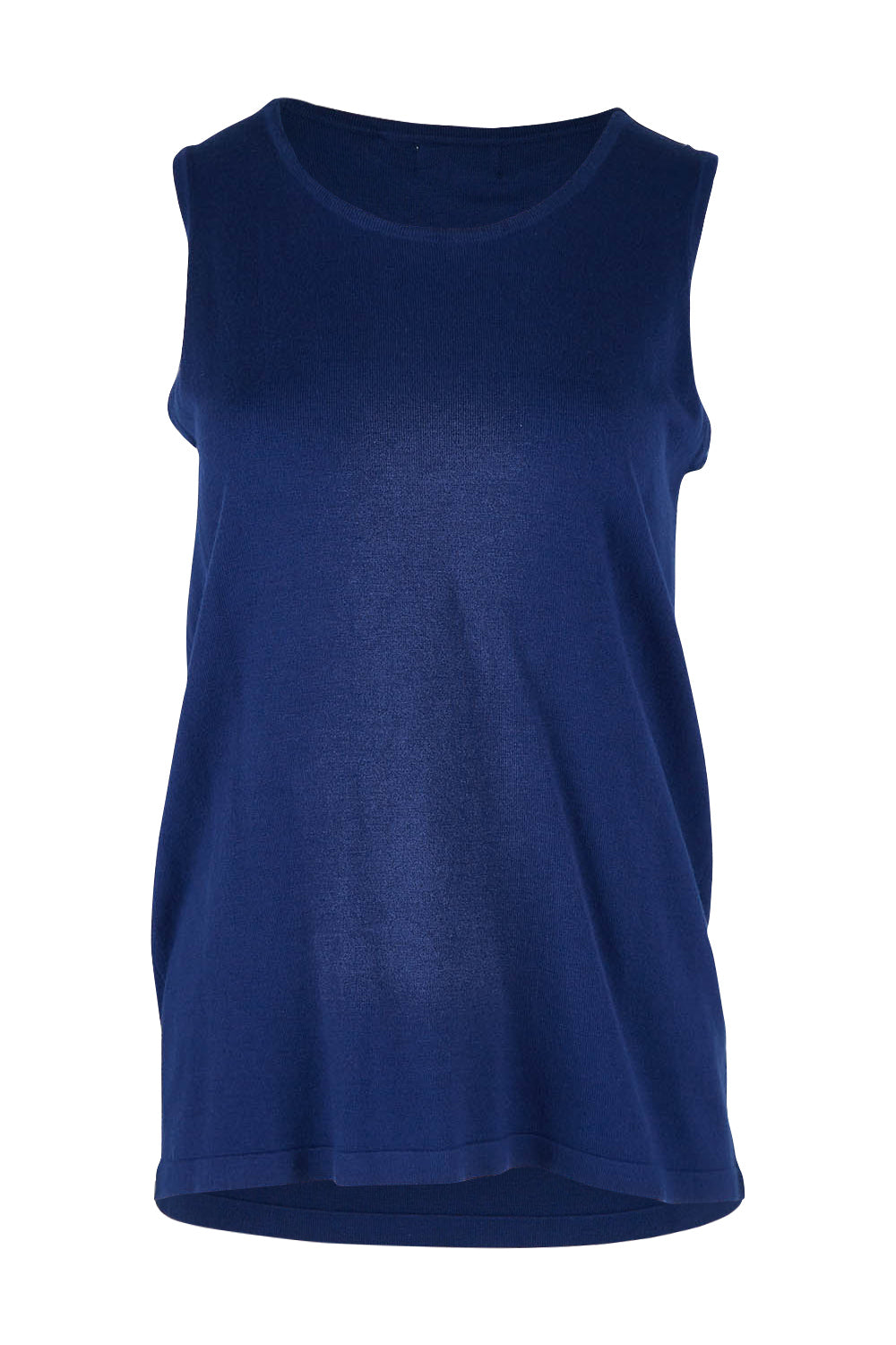 Product shot of The Transeasonal Knit Tank in colour Bluefizzer (Blue), from the front