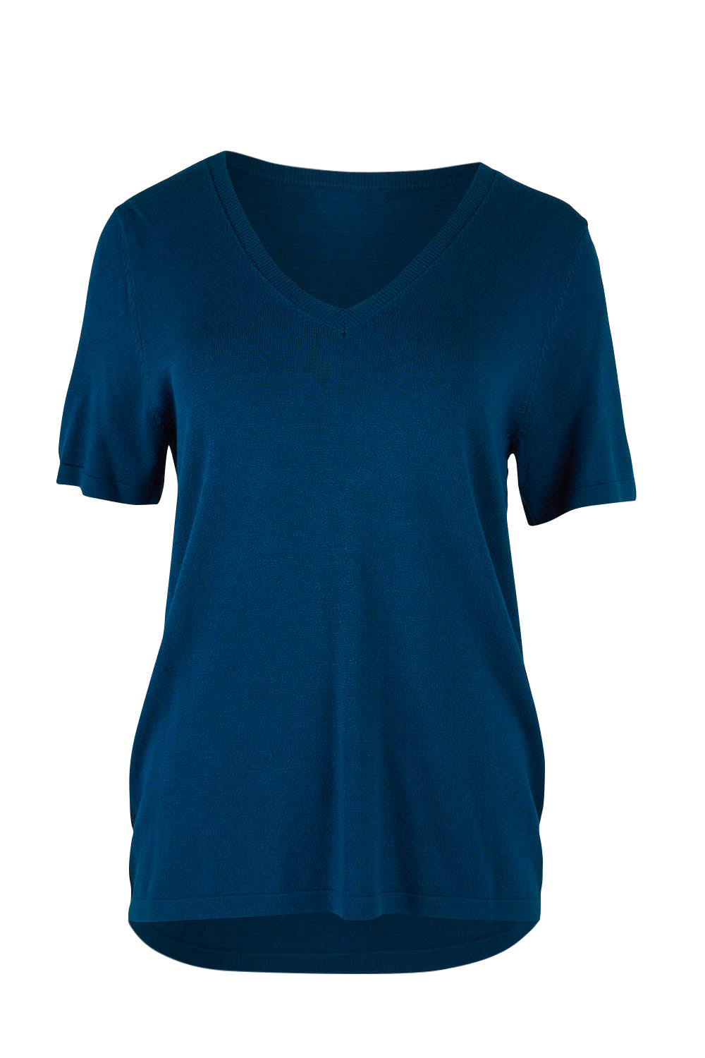 Product shot of The Transeasonal Short Sleeve Jumper in colour Petrol (Blue), from the front