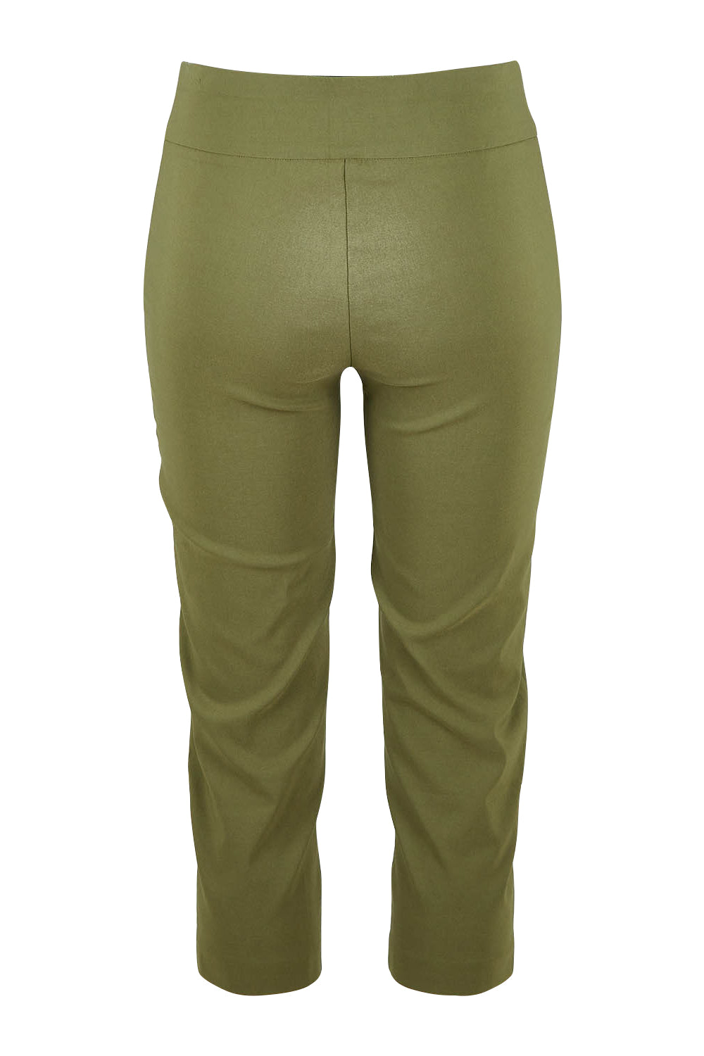 Product shot of The Contour Capri Pant in colour Olive (Green), from the back