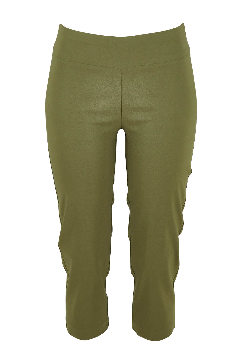 Product shot of The Contour Capri Pant in colour Olive (Green), from the front