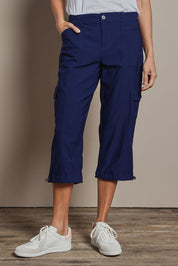 Model Amanda wearing size 10 of The Everyday Cropped Cargo Pant in colour Frenchblue (Blue), from the front, cropped image