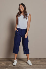 Model Amanda wearing size 10 of The Everyday Cropped Cargo Pant in colour Frenchblue (Blue), from the front, showing the whole outfit