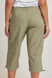 Model Terri-Leigh wearing size 14 of The Everyday Cropped Cargo Pant in colour Khaki (Green), from the back