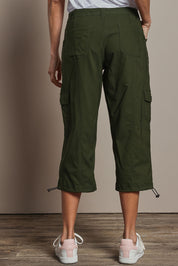 Model Amanda wearing size 10 of The Everyday Cropped Cargo Pant in colour Olive (Green), from the back