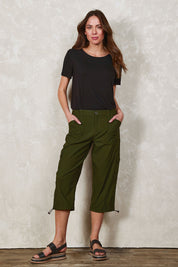Model Madeline wearing size 10 of The Everyday Cropped Cargo Pant in colour Olive (Green), from the front, showing the whole outfit