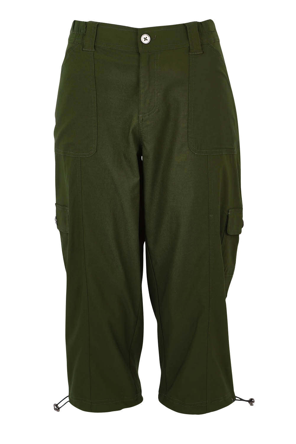 Product shot of The Everyday Cropped Cargo Pant in colour Olive (Green), from the front