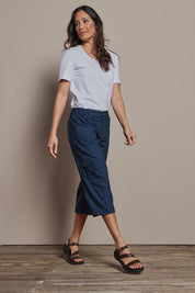 Model Amanda wearing size 10 of The Everyday Cropped Cargo Pant in colour Petrol (Blue), from the front, showing the whole outfit