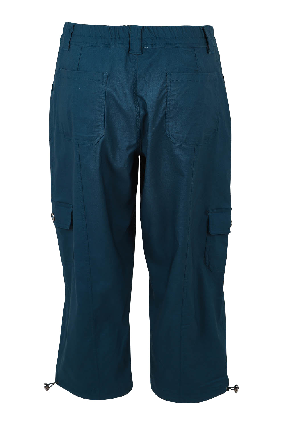 Product shot of The Everyday Cropped Cargo Pant in colour Petrol (Blue), from the back