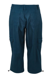 Product shot of The Everyday Cropped Cargo Pant in colour Petrol (Blue), from the back
