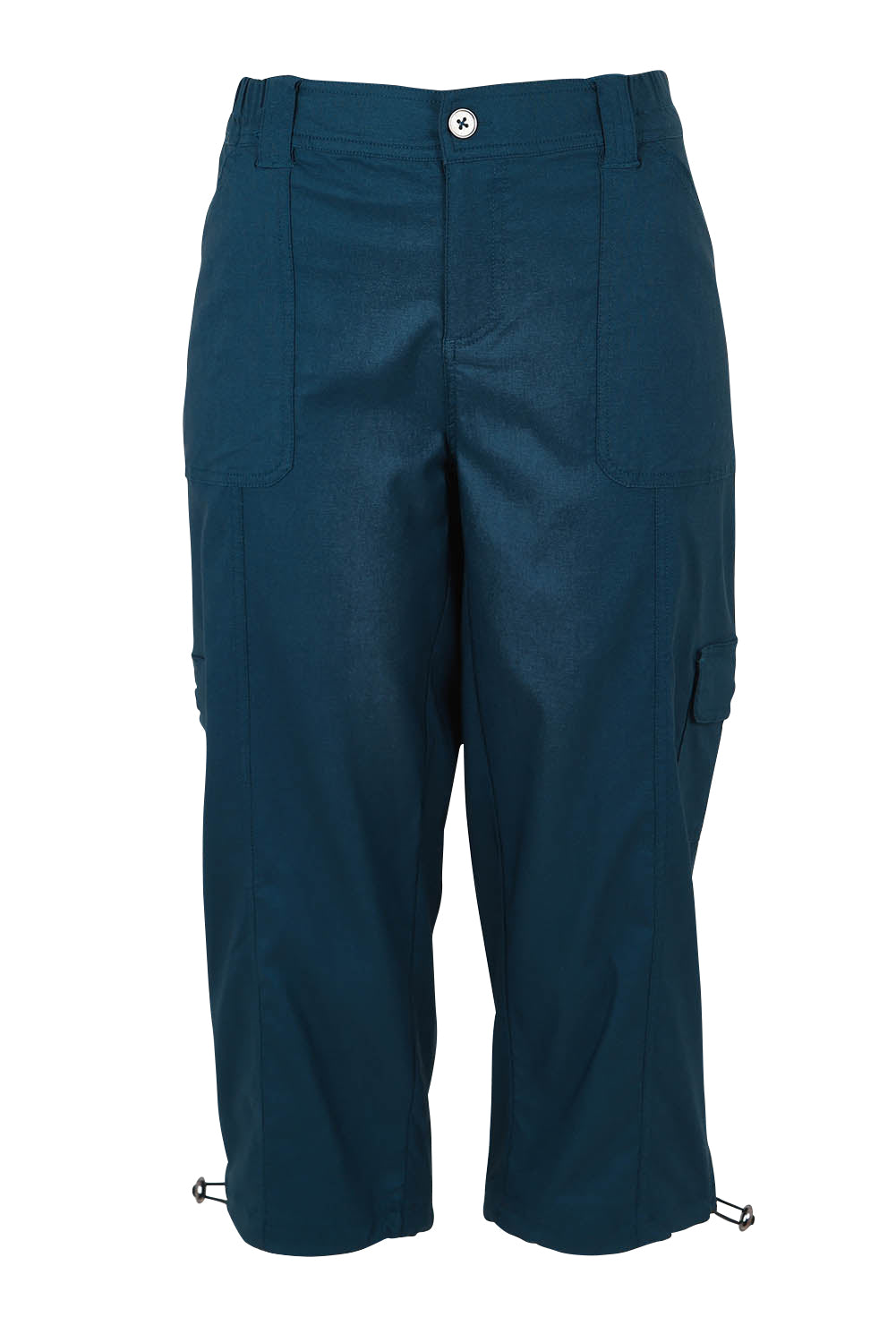 Product shot of The Everyday Cropped Cargo Pant in colour Petrol (Blue), from the front