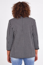 Model Anucia wearing size 14 of The Edge To Edge Ponte Print Jacket in colour Blackwhite (Black), from the back
