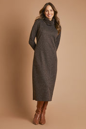 Model Madeline wearing size 10 of The High Neck Maxi Dress in colour Cocoamarle, from the front, showing the whole outfit