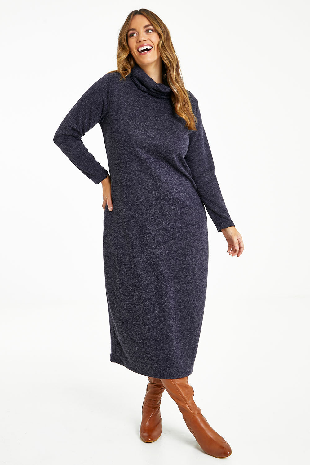 Model Laura wearing size 14 of The High Neck Maxi Dress in colour Navymarle (Blue), from the front, showing the whole outfit