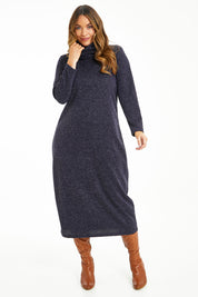 Model Laura wearing size 14 of The High Neck Maxi Dress in colour Navymarle (Blue), from the front, showing the whole outfit