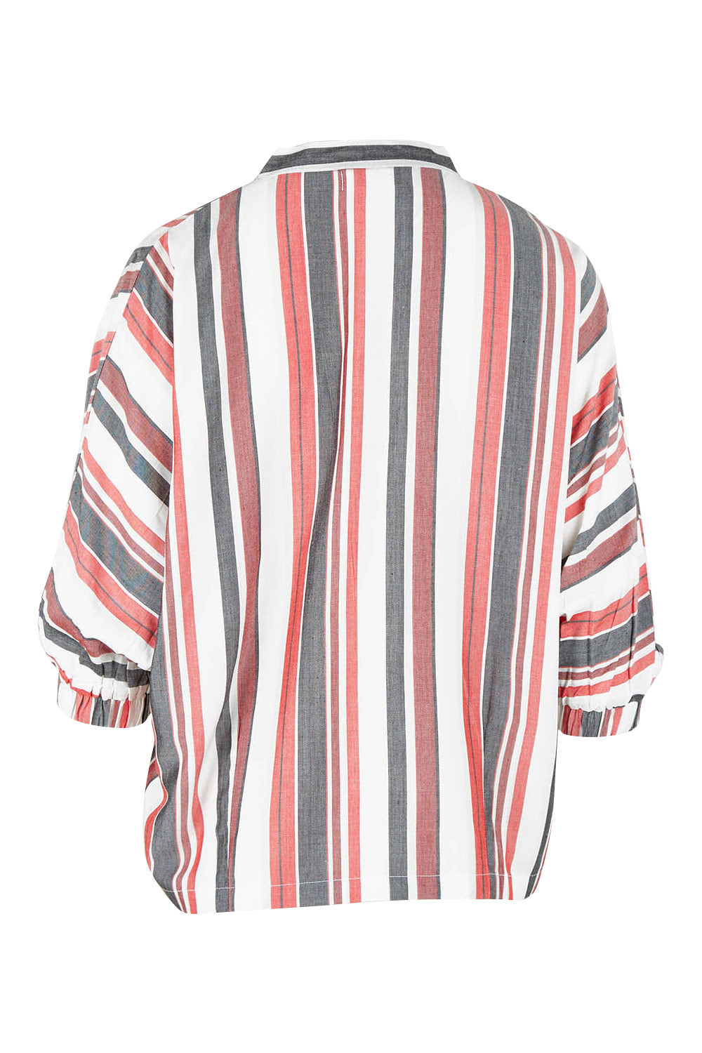 Product shot of The Nehru Collar Easy Wear Top in colour Multistrip (Black), from the back