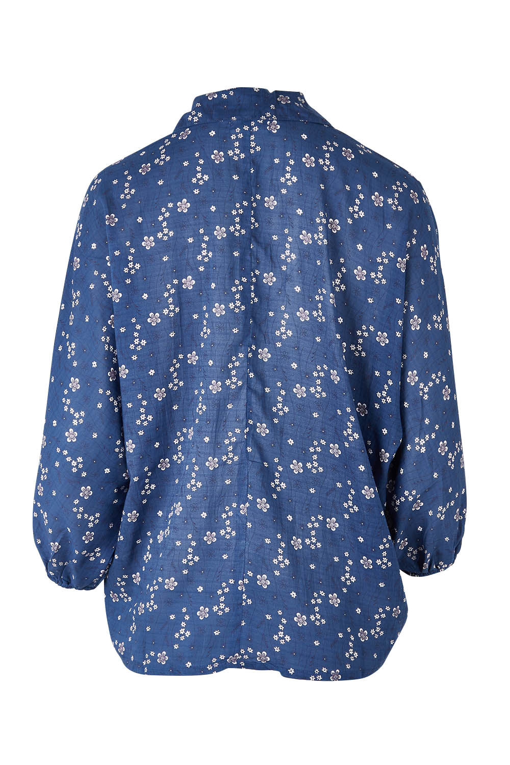 Product shot of The Keepers Batwing Shirt in colour Navyfloral (Blue), from the back