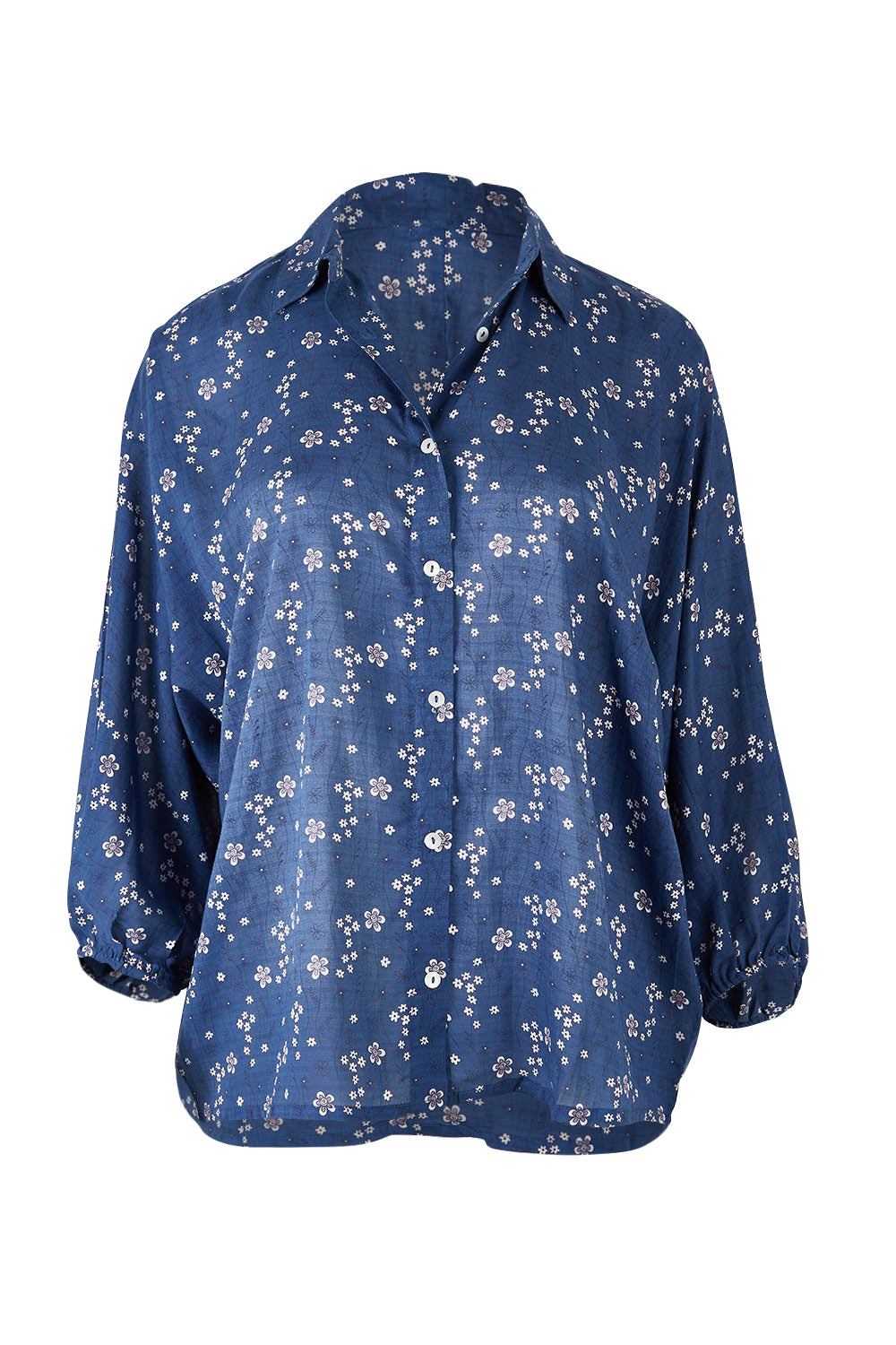 Product shot of The Keepers Batwing Shirt in colour Navyfloral (Blue), from the front