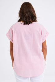 Model Monique wearing size 14 of The Stripe Summer Shell Top in colour Pinkwhite (Pink), from the back