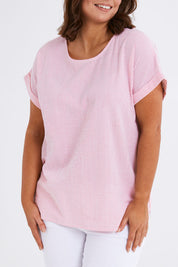 Model Monique wearing size 14 of The Stripe Summer Shell Top in colour Pinkwhite (Pink), from the front, cropped image
