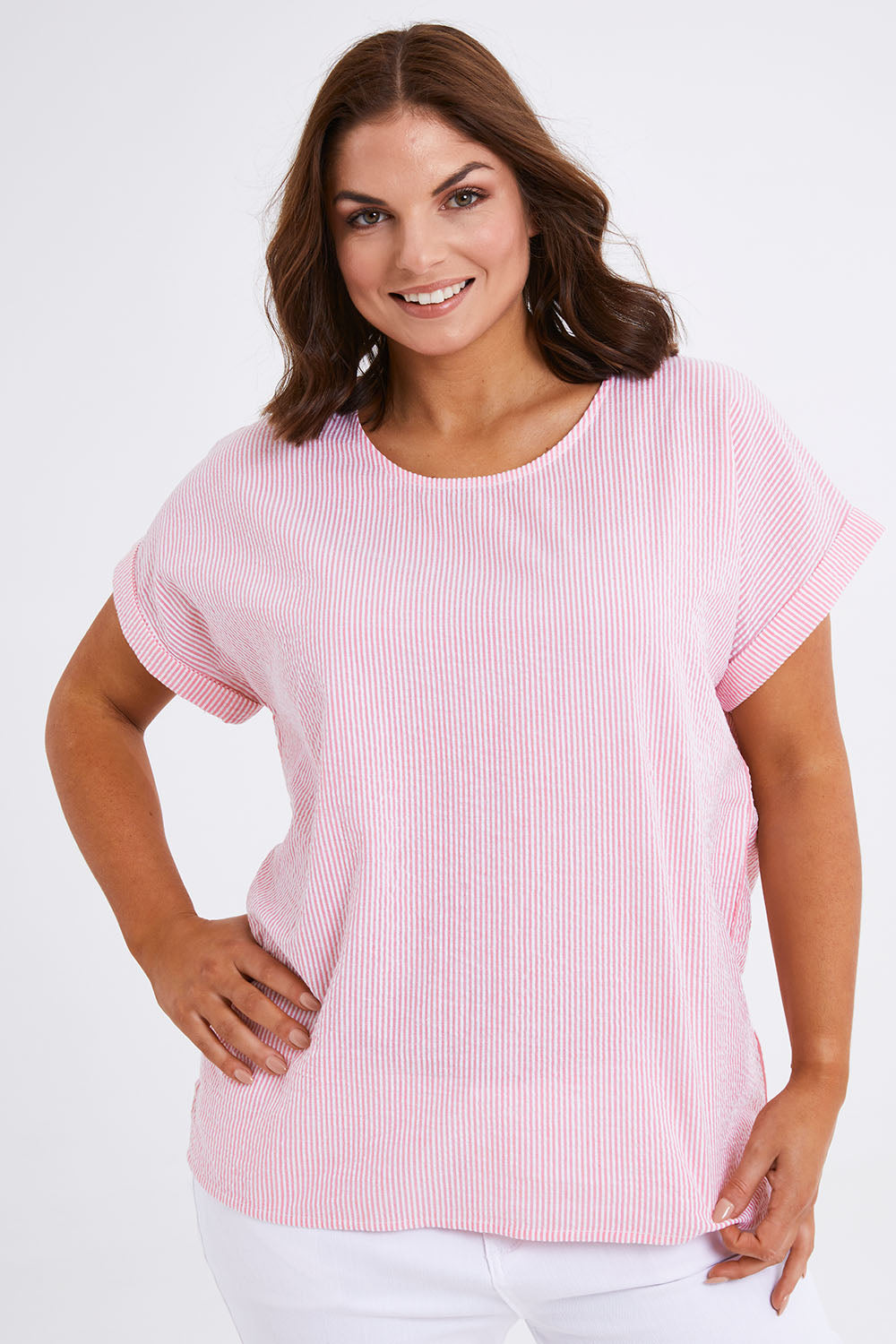 Model Monique wearing size 14 of The Stripe Summer Shell Top in colour Pinkwhite (Pink), from the front, cropped image