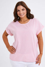 Model Monique wearing size 14 of The Stripe Summer Shell Top in colour Pinkwhite (Pink), from the front, cropped image