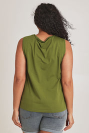 Model Terri-Leigh wearing size 14 of The Keepers Cotton Tank in colour Avocado (Green), from the back