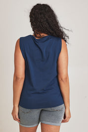 Model Terri-Leigh wearing size 14 of The Keepers Cotton Tank in colour Frenchblue (Blue), from the back