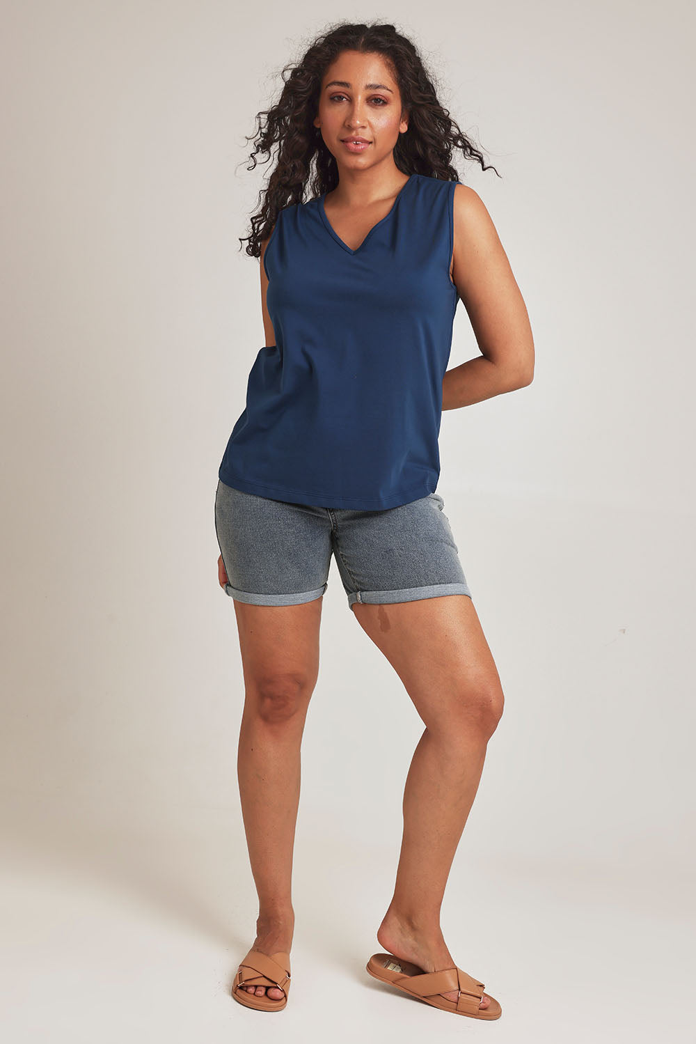 Model Terri-Leigh wearing size 14 of The Keepers Cotton Tank in colour Frenchblue (Blue), from the front, showing the whole outfit