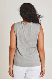 Model Terri-Leigh wearing size 14 of The Keepers Cotton Tank in colour Greymarle (Grey), from the back