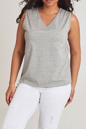 Model Terri-Leigh wearing size 14 of The Keepers Cotton Tank in colour Greymarle (Grey), from the front, cropped image