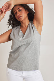Model Terri-Leigh wearing size 14 of The Keepers Cotton Tank in colour Greymarle (Grey), from the front, cropped image