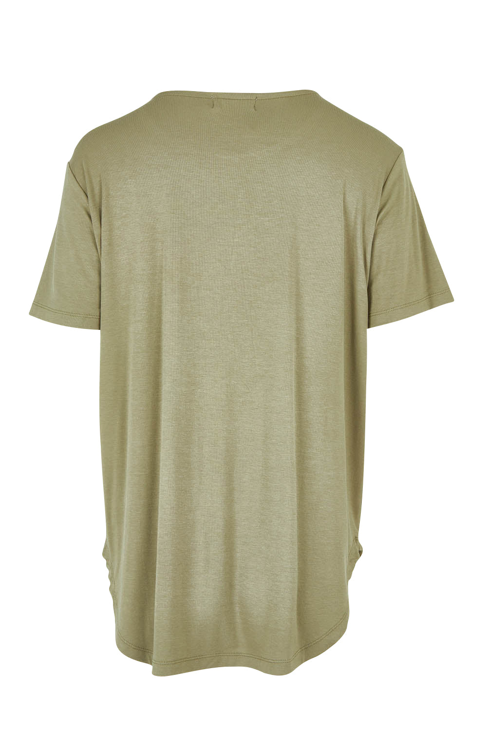 Product shot of The Bamboo Curved Hem Tee in colour Khaki (Green), from the back