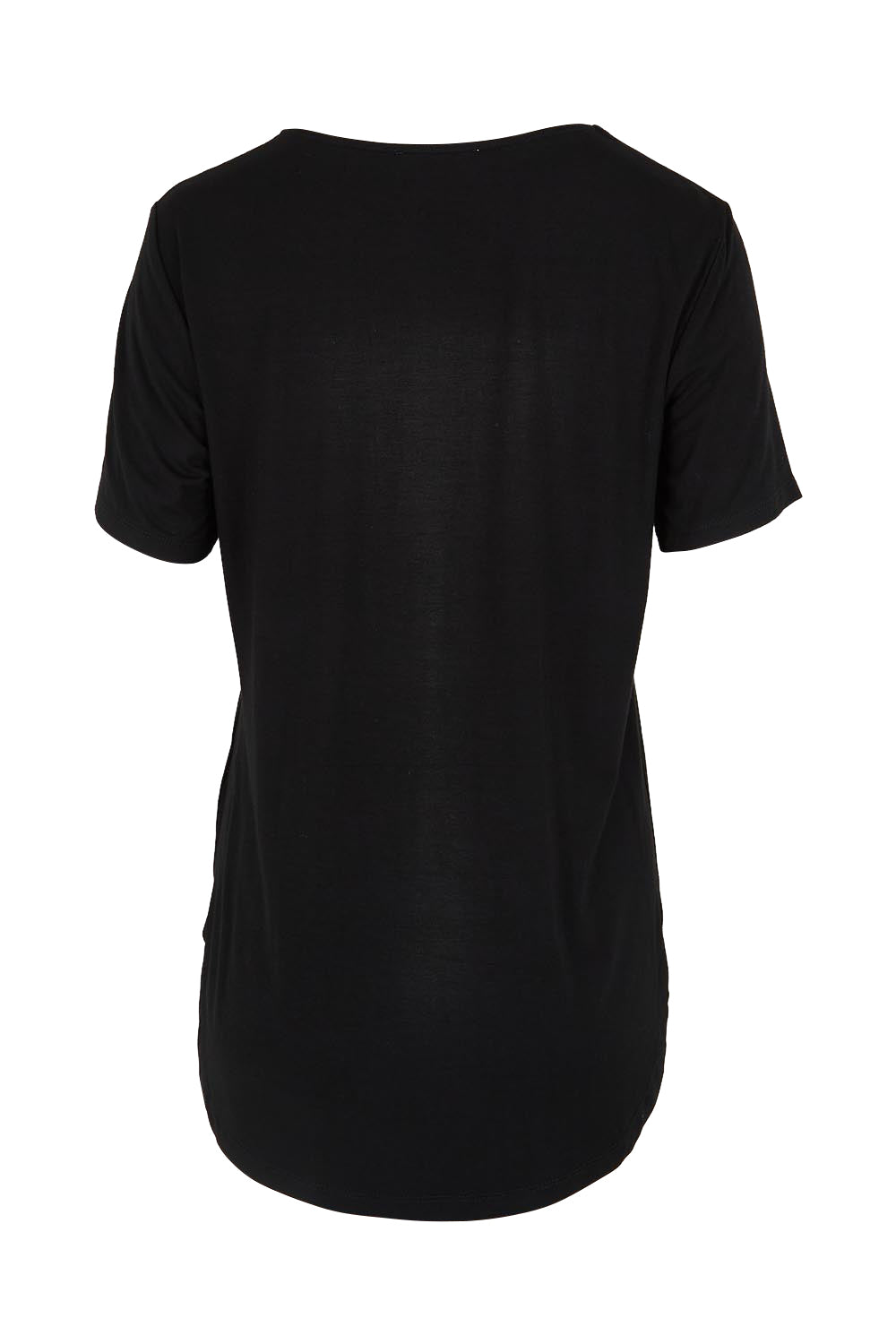 Product shot of the The Bamboo Curved Hem Tee – Black in colour Black, from the back