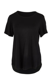 Product shot of the The Bamboo Curved Hem Tee – Black in colour Black, from the front
