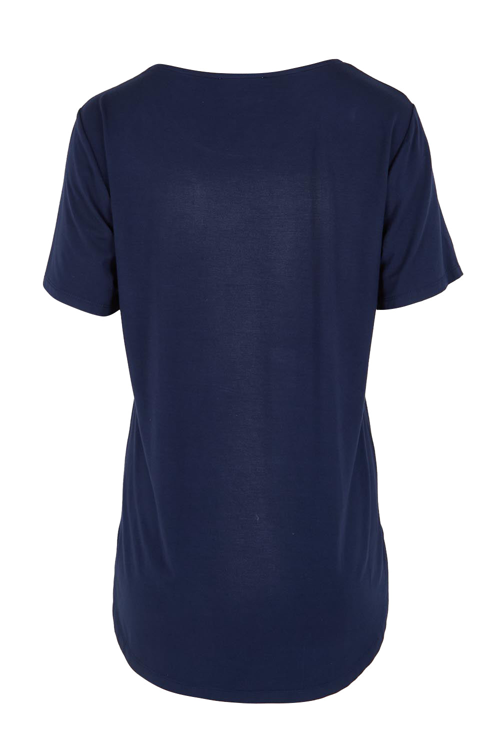 Product shot of the The Bamboo Curved Hem Tee – Navy in colour Navy, from the back