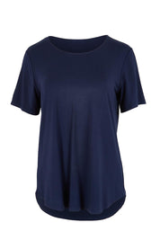 Product shot of the The Bamboo Curved Hem Tee – Navy in colour Navy, from the front