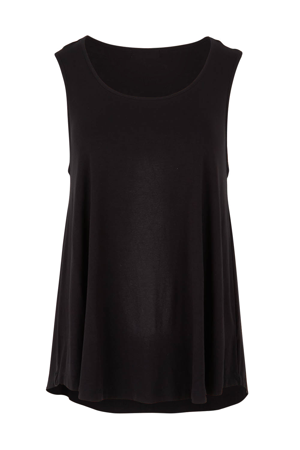 Product shot of The Bamboo Crew Neck Swing Tank in colour Black (Black), from the front